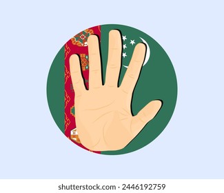 Turkmenistan flag with hand stop sign, protest and human rights idea, vector design, protest in Turkmenistan, restriction or banned emblem, violation of freedom of expression, stop war