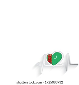 Turkmenistan flag heart shaped and heartbeat line isolated on white. Turkmenistan Patriotic Background. Vector illustration.