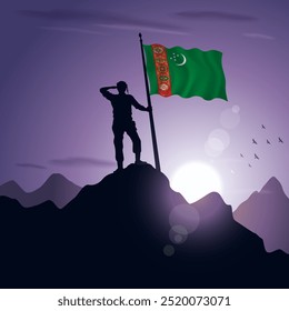 Turkmenistan Flag hoisted on a mountain peak with a purplish sunset in the background, vector illustration