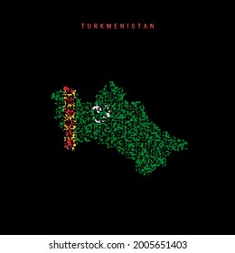 Turkmenistan flag map, chaotic particles pattern in the colors of the Turkmenian flag. Vector illustration isolated on black background.