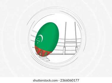 Turkmenistan flag on rugby ball, lined circle rugby icon with ball in a crowded stadium. Vector sport emblem on abstract background.