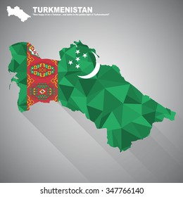 Turkmenistan flag overlay on Turkmenistan map with polygonal and long tail shadow style (EPS10 art vector)