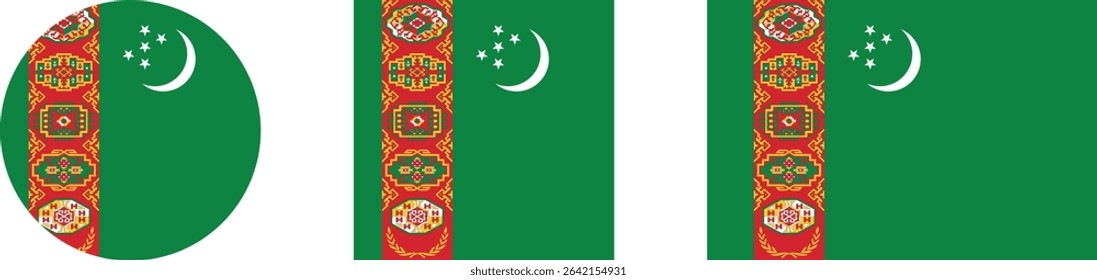 
Turkmenistan flag PNG vector. Turkmenistan square and round icon isolated on transparent PNG background. Turkmenistan flag icon.