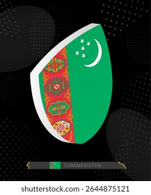 Turkmenistan Flag Shield icon in 3D on Dark Modern Abstract Rugby Background. Perfect for sports events, heritage themes, national celebrations, and patriotic designs.