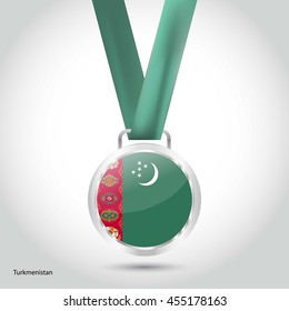 Turkmenistan Flag in Silver Medal. Vector Illustration. RIO Olympic Game silver Medal. Vector Illustration