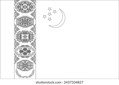 Turkmenistan flag - thin black vector outline wireframe isolated on white background. Ready for colouring.