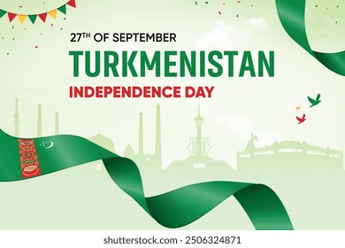 Turkmenistanische Flagge auf Skyline-Hintergrund. Independence Day Concept Design Vektorgrafik.