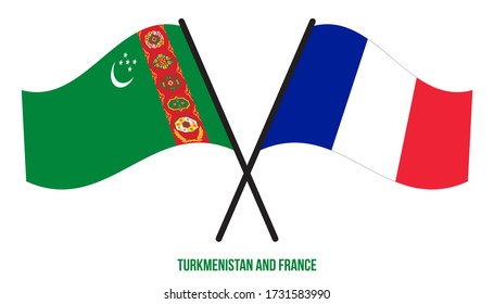 Turkmenistan and France Flags Crossed And Waving Flat Style. Official Proportion. Correct Colors.