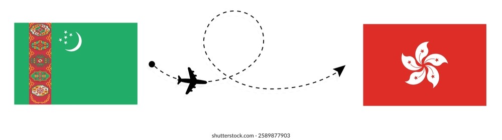 Turkmenistan to Hong Kong Flight Travel by Air. Ashgabat to Hong Kong City Flight Travel Concept Vector Art. Turkmenistan and Hong Kong Flags Together.