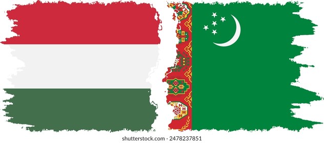 Turkmenistan and Hungary grunge flags connection, vector