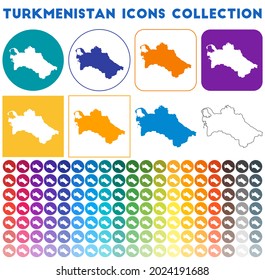 Turkmenistan icons collection. Bright colorful trendy map icons. Modern Turkmenistan badge with country map. Vector illustration.