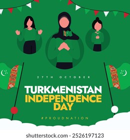 Turkmenistan Independence Day. 27th October independence day of Turkmenistan celebration banner with its flags, girls holding their flags. The day recalls  country's freedom from Russia in 1991.