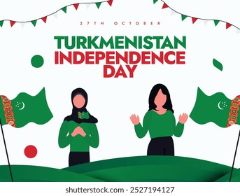 Turkmenistan Independence Day 27th October banner, post. Independence day of Turkmenistan celebration banner with its flags, girl characters holding flags. The day recalls country freedom from Russia.