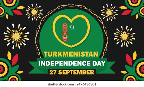 Turkmenistan Independence Day vector banner design with geometric shapes and vibrant colors on a horizontal background. Happy Turkmenistan Independence Day modern minimal poster.