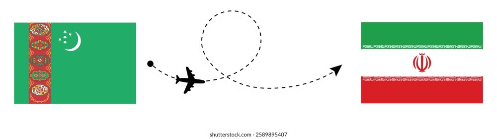 Turkmenistan to Iran Flight Travel by Air. Ashgabat to Tehran Flight Travel Concept Vector Art. Turkmenistan and Iran Flags Together.