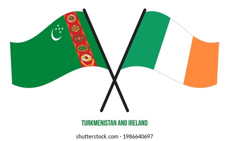 Turkmenistan and Ireland Flags Crossed And Waving Flat Style. Official Proportion. Correct Colors.