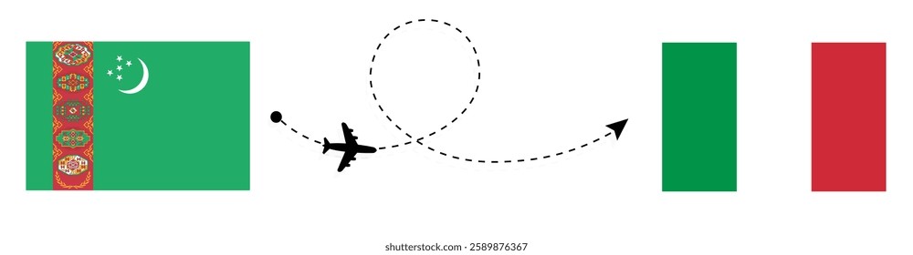 Turkmenistan to Italy Flight Travel by Air. Ashgabat to Rome Flight Travel Concept Vector Art. Turkmenistan and Italy Flags Together.