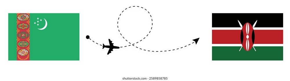 Turkmenistan to Kenya Flight Travel by Air. Ashgabat to Nairobi Flight Travel Concept Vector Art. Turkmenistan and Kenya Flags Together.