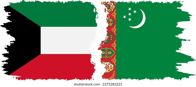 Turkmenistan and Kuwait grunge flags connection, vector