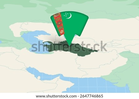 Turkmenistan Location Highlighted on Asian Map with Flag Icon. Detailed Vector Design.