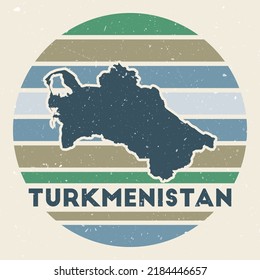 Turkmenistan logo. Sign with the map of country and colored stripes, vector illustration. Can be used as insignia, logotype, label, sticker or badge of the Turkmenistan.