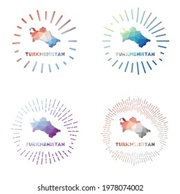 Turkmenistan low poly sunburst set. Logo of country in geometric polygonal style. Vector illustration.