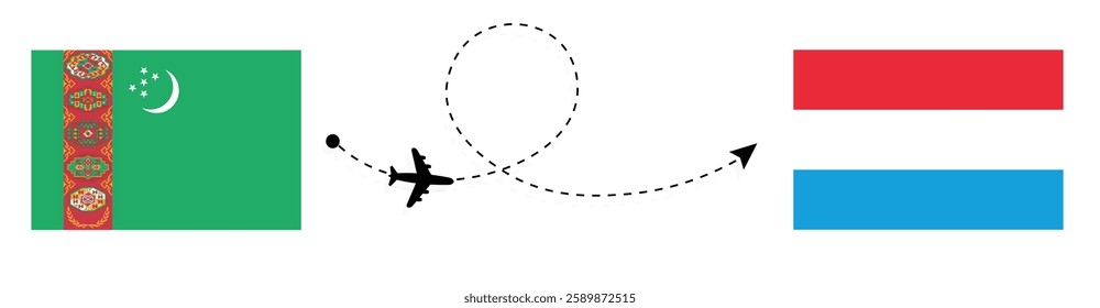 Turkmenistan to Luxembourg Flight Travel by Air. Ashgabat to Luxembourg City Flight Travel Concept Vector Art. Turkmenistan and Luxembourg Flags Together.