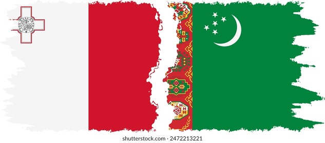 Turkmenistan and Malta grunge flags connection, vector