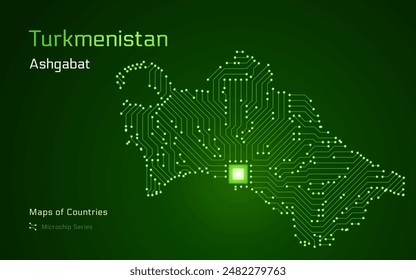 Turkmenistan Map with a capital of Ashgabat Shown in a Microchip Pattern. E-government. World Countries vector maps. Microchip Series	