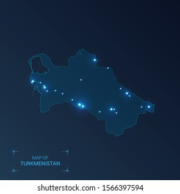 Turkmenistan map with cities. Luminous dots - neon lights on dark background. Vector illustration. 