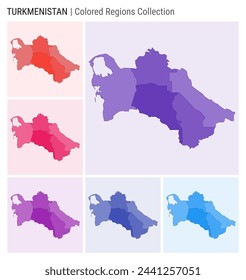 Turkmenistan map collection. Country shape with colored regions. Deep Purple, Red, Pink, Purple, Indigo, Blue color palettes. Border of Turkmenistan with provinces for your infographic.