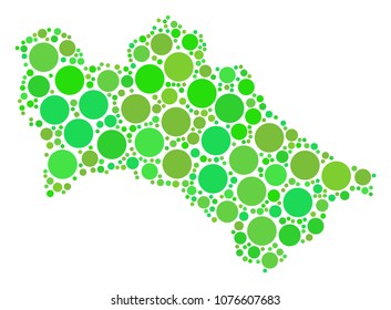Turkmenistan Map composition of randomized filled circles in various sizes and ecological green color tints. Vector round dots are grouped into turkmenistan map composition.