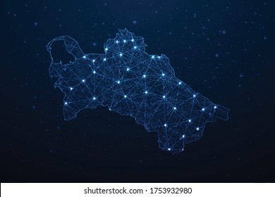 Conexión de mapa de Turkmenistán. Resumen Tecnología Digital 3D Mesh Línea de red poligonal, área de diseño, punto y estructura en fondo oscuro. EPS10 de ilustración vectorial.