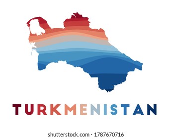 Turkmenistan map. Map of the country with beautiful geometric waves in red and blue colors. Vivid Turkmenistan shape. Vector illustration.