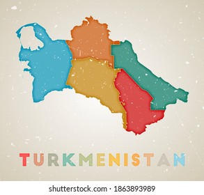 Turkmenistan map. Country poster with colored regions. Old grunge texture. Vector illustration of Turkmenistan with country name.