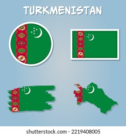 Turkmenistan map and flag in blue background.