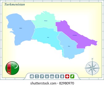 Turkmenistan Map with Flag Buttons and Assistance & Activates Icons Original Illustration