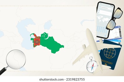 Turkmenistan map and flag, cargo plane on the detailed map of Turkmenistan with flag, passport, magnifying glass and airplane. Vector template.