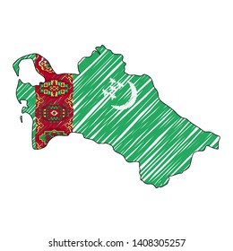Turkmenistan map hand drawn sketch. Vector concept illustration flag, childrens drawing, scribble map. Country map for infographic, brochures and presentations isolated on white background. Vector