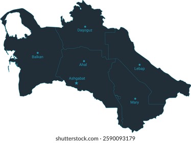 Turkmenistan map high detailed with administrative divide by state, capital cities names, outline simplicity style. Vector illustration EPS10.