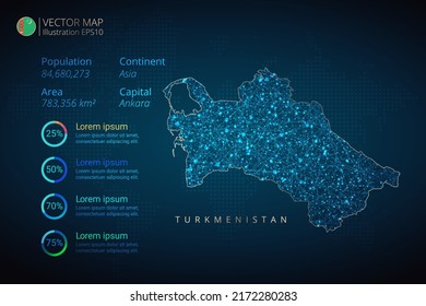 Turkmenistan Karte Infografik Vektorvorlage mit abstraktem geometrischem Mesh Polygonallichtkonzept auf blauem Hintergrund. Vorlage für Diagramm, Grafik, Präsentation und Diagramm.