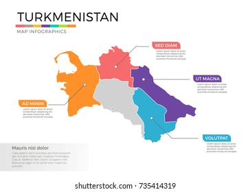 Turkmenistan map infographics vector template with regions and pointer marks