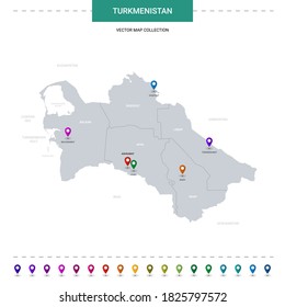 Turkmenistan map with location pointer marks. Infographic vector template, isolated on white background. 