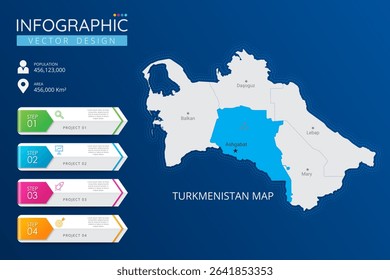 Turkmenistan map with location pointer marks. High detailed country map with division, cities and capital infographic template. Vector illustration EPS10