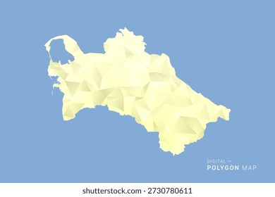 Mapa de Turkmenistán en estilo de Vector de polígono bajo, ilustración de forma geométrica con tonos amarillos suaves sobre fondo azul, silueta limpia para infografía.