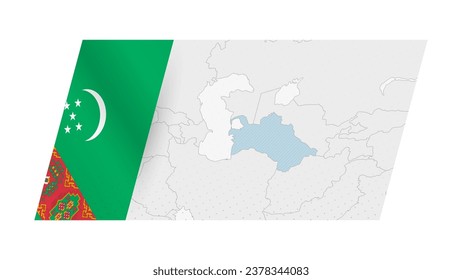 Mapa de Turkmenistán de estilo moderno con bandera de Turkmenistán en el lado izquierdo. Ilustración vectorial de un mapa.