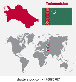 Turkmenistan map on a world map with flag and map pointer. Vector illustration