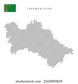 Turkmenistan map from pattern of black slanted parallel lines. Turkmenian map with gray diagonal lines. Silhouette of a country made of oblique hatching. Vector illustration isolated on white.