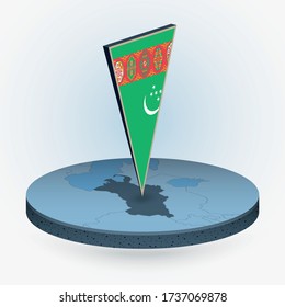 Turkmenistan map in round isometric style with triangular 3D flag of Turkmenistan, vector map in blue color. 