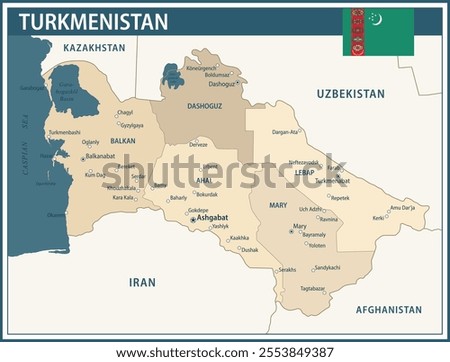 Turkmenistan Map Vector Vintage Dark Blue Beige - Customizable layered political map of Turkmenistan with administrative divisions for website, education, reports, news, politics, print, poster